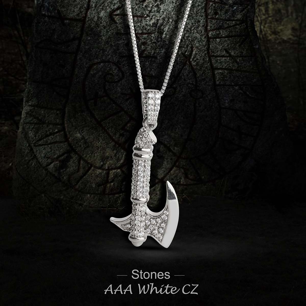 Viking Axe Pendant Necklace Icy Norse Iced Out Hip Hop Jewelry Sterling Silver