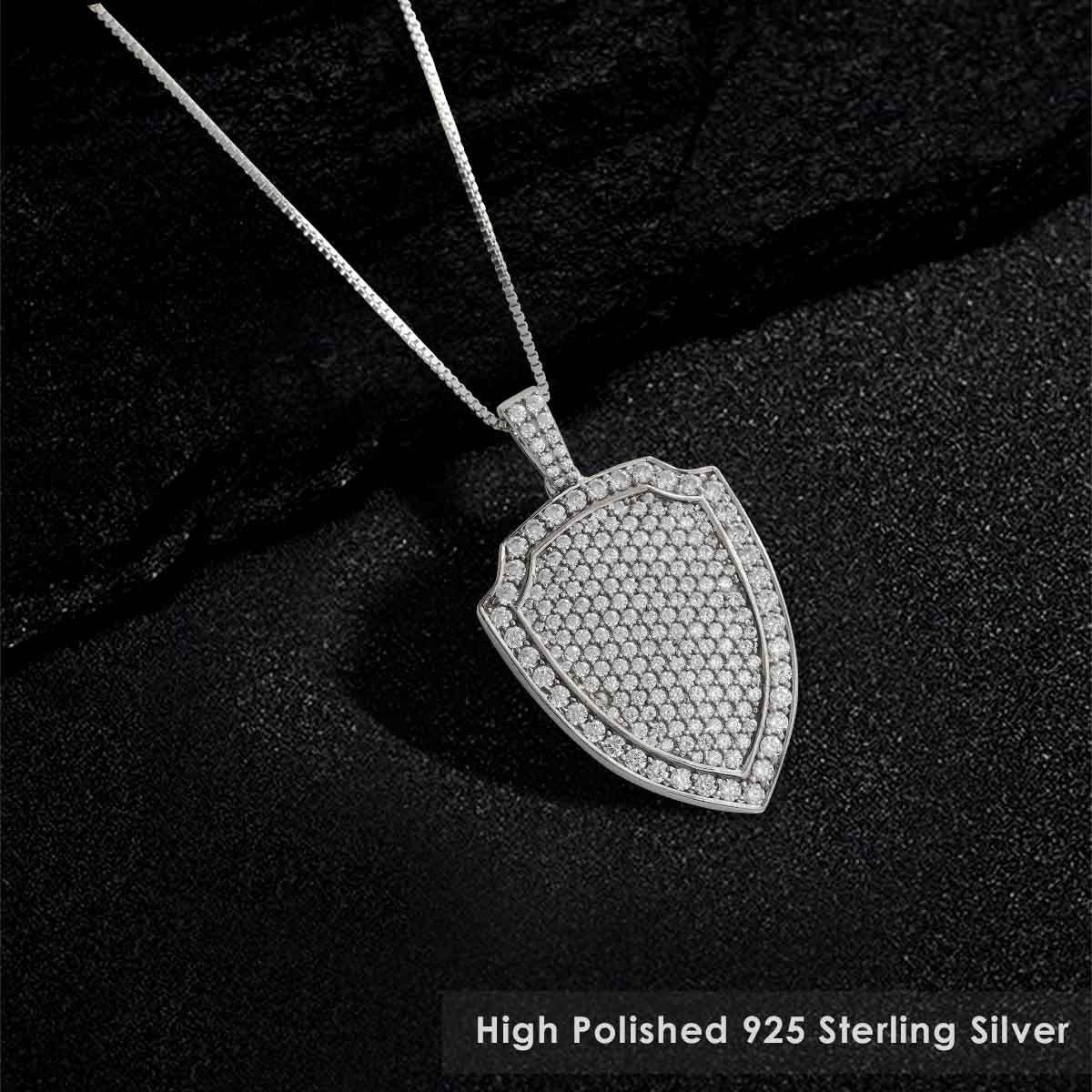 Iced Out Warrior Shield Pendant Necklace Sterling Silver Hip Hop Jewelry