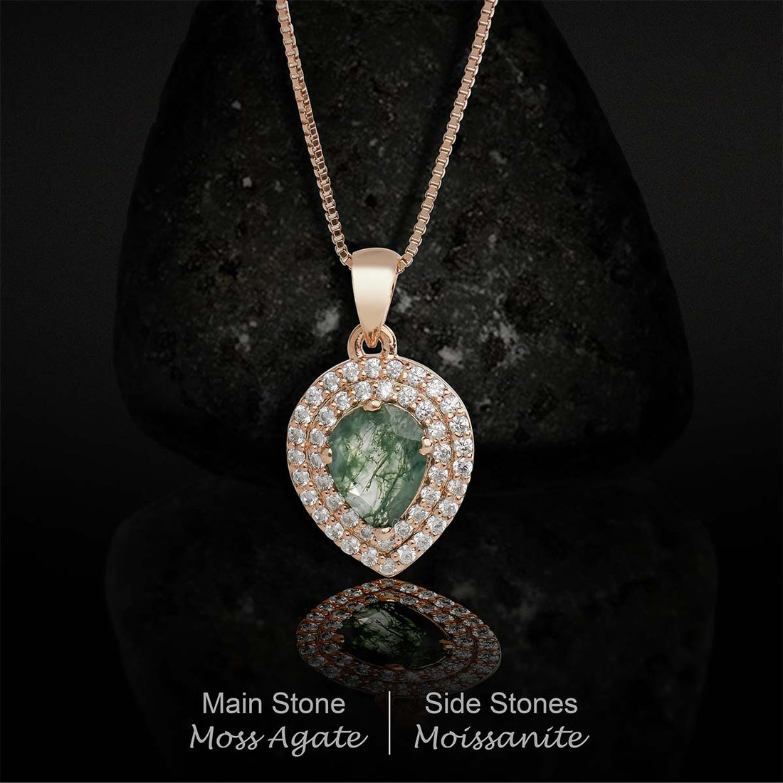 Double Halo Necklace Pendant Moissanite Diamond Pear Cut Natural Moss Agate Silver