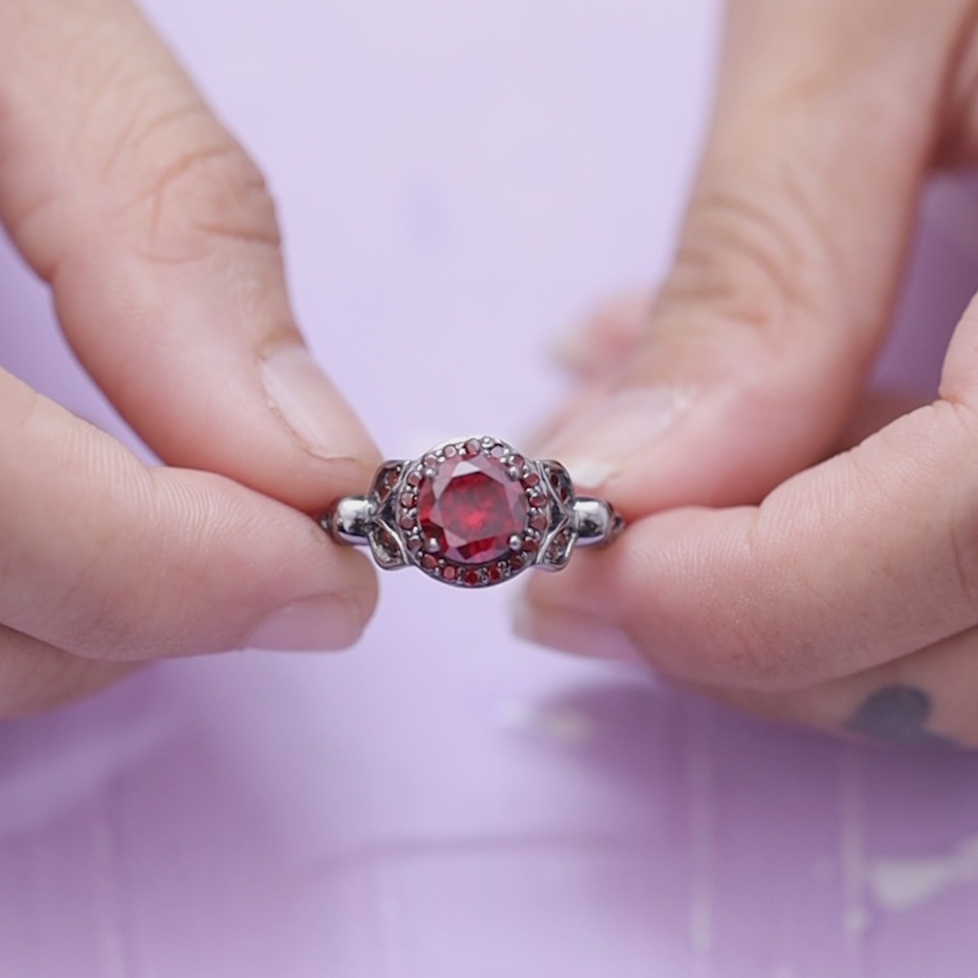 Halo Garnet Skull Engagement Ring Gothic Wedding Ring Silver