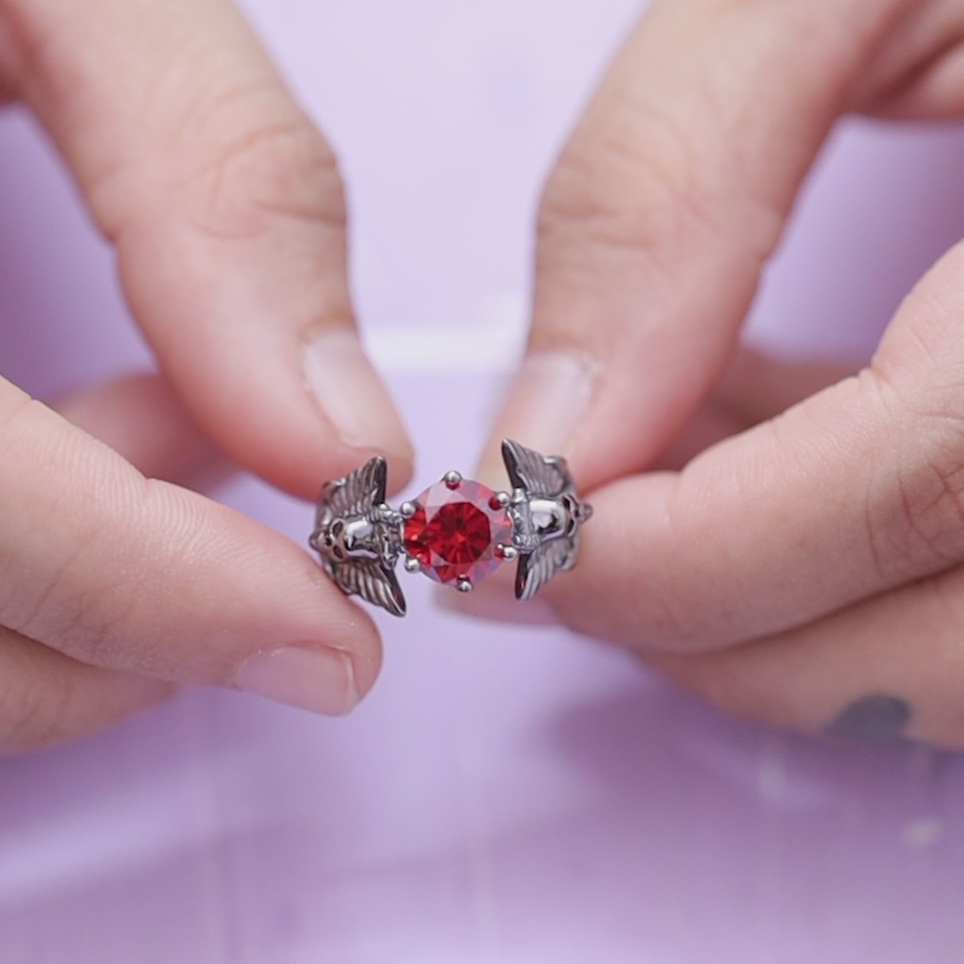 Anchor Wings Skull Engagement Ring Gothic Jewelry Red Garnet