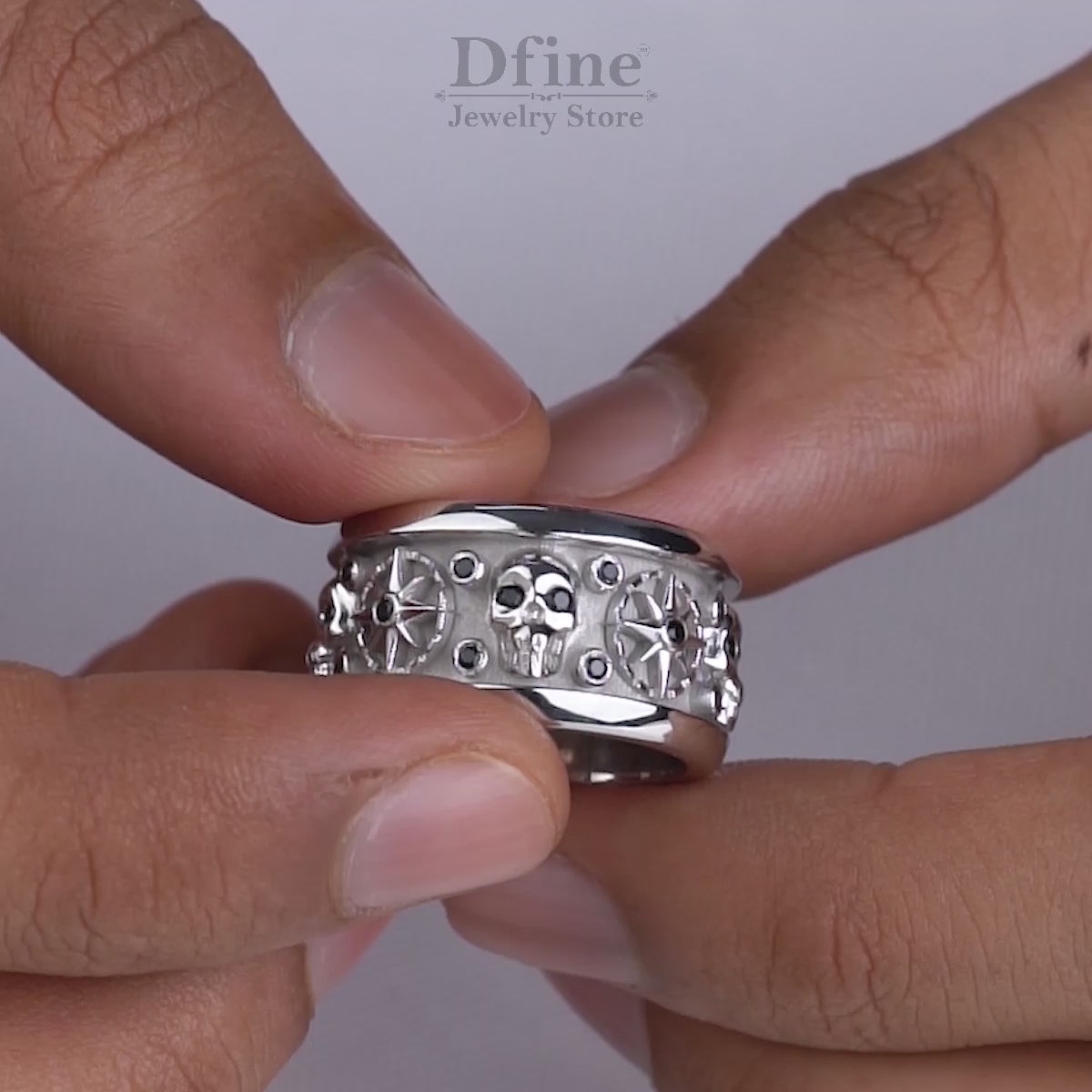 Compass Skull Wedding Band Gothic Mens Ring Sterling Silver Gun Metal Finish