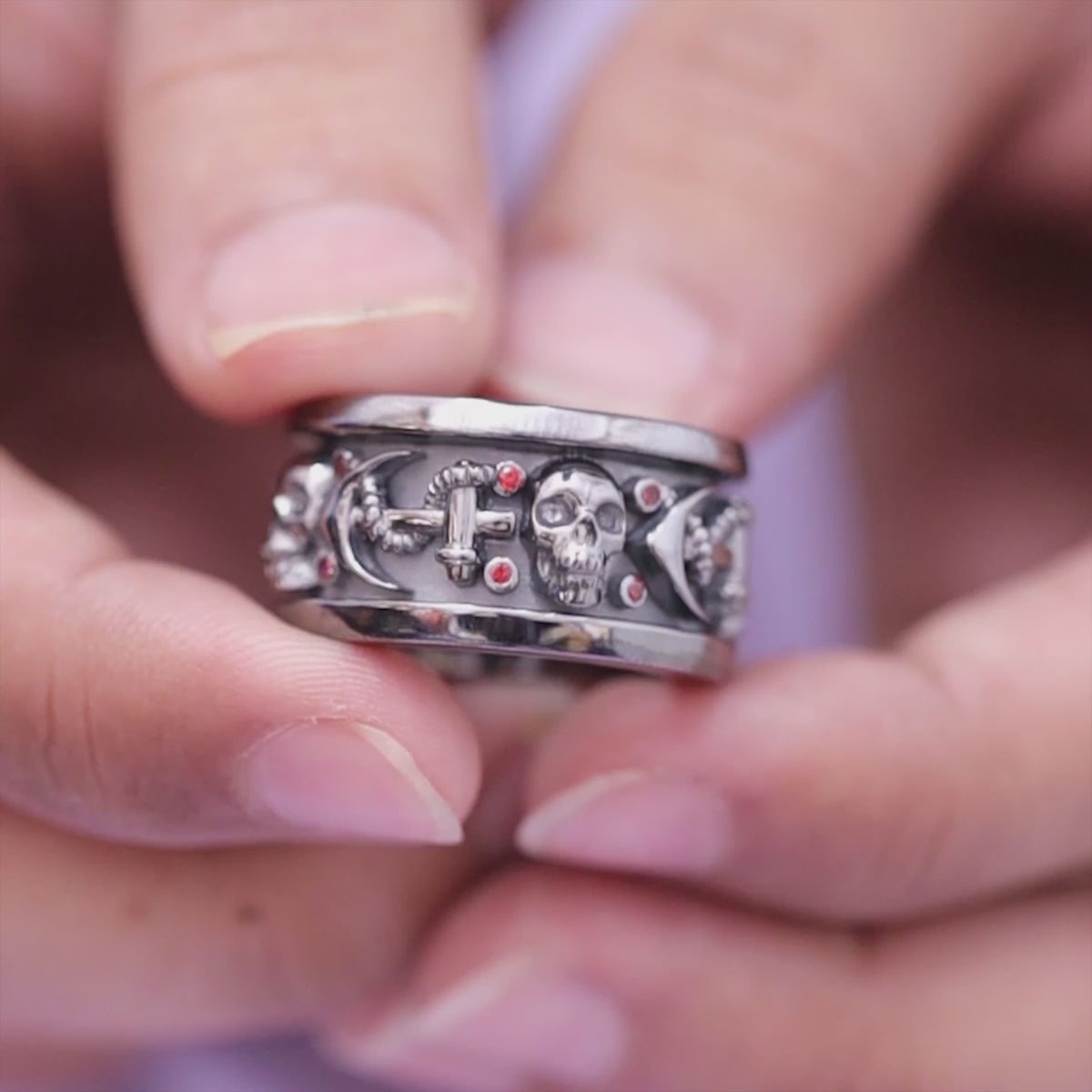 Gothic Wedding Ring Set Red Garnet Matching Couple Skull Rings