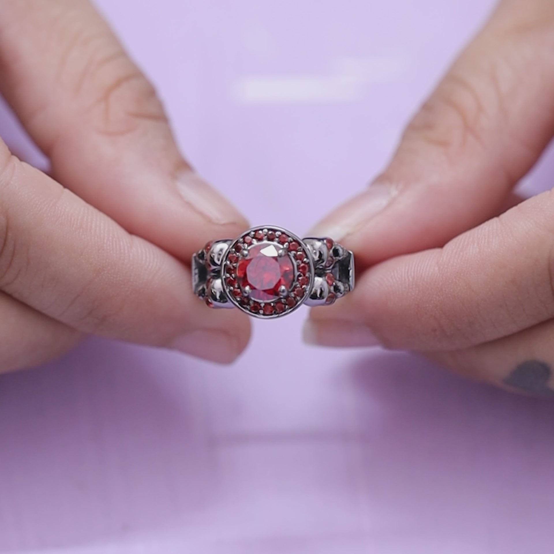 1.10TCW Garnet Skull Engagement Ring Gothic Jewelry Gun Metal