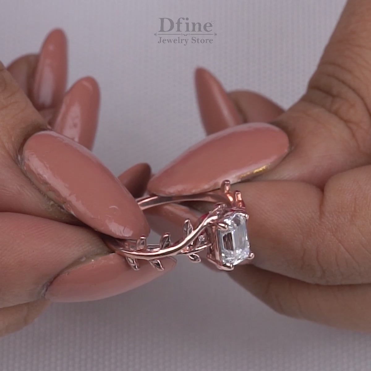 Emerald Cut Solitaire Moissanite Leaf Vine Nature Wedding Promise Engagement Ring Rose Gold White Gold
