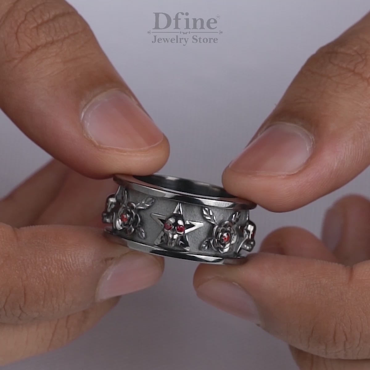 Pentagram Skull and Rose Wedding Band Gothic Ring for Men