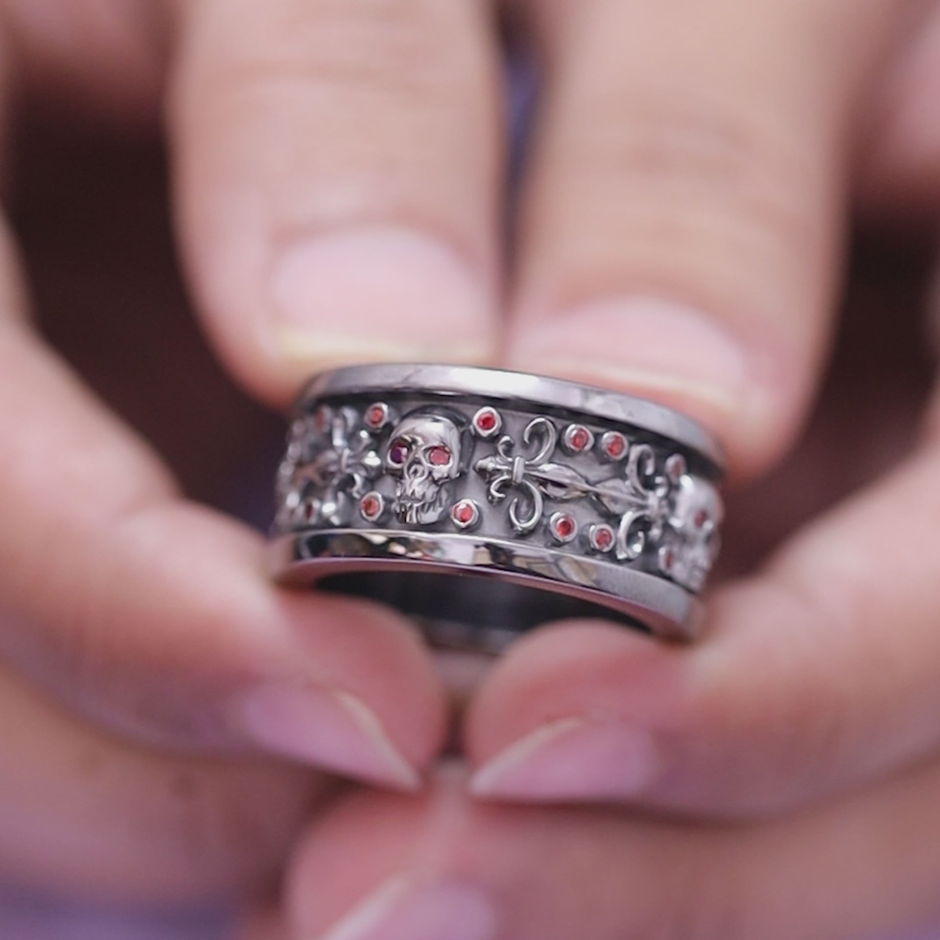 Garnet Skull Wedding Band Fleur De Lis Skull Band Badass Biker Ring