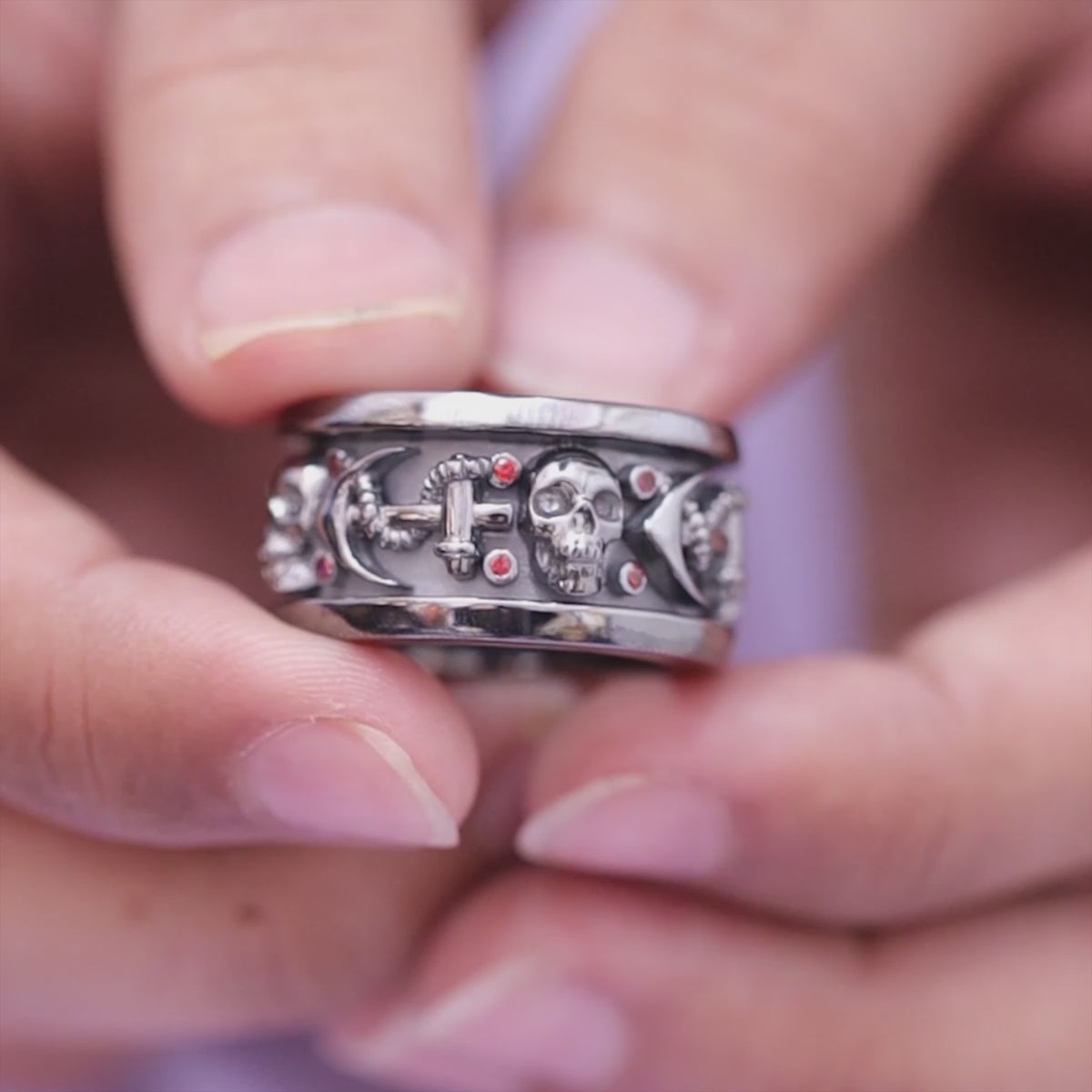 Matching Skull Rings His and Her Garnet Anchor Wedding Rings