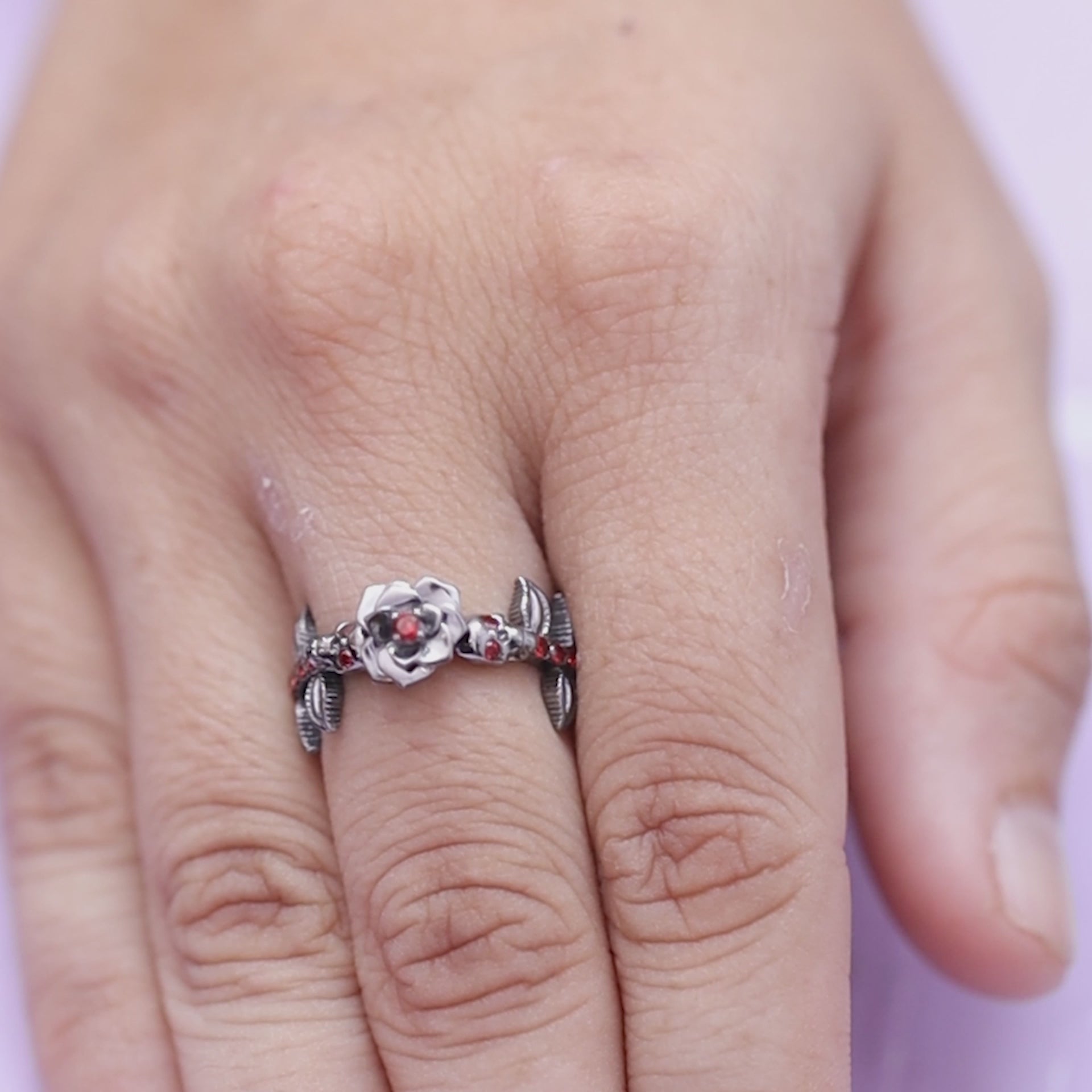 Rose Skull Engagement Ring Red Garnet Flower Gothic Gun Metal