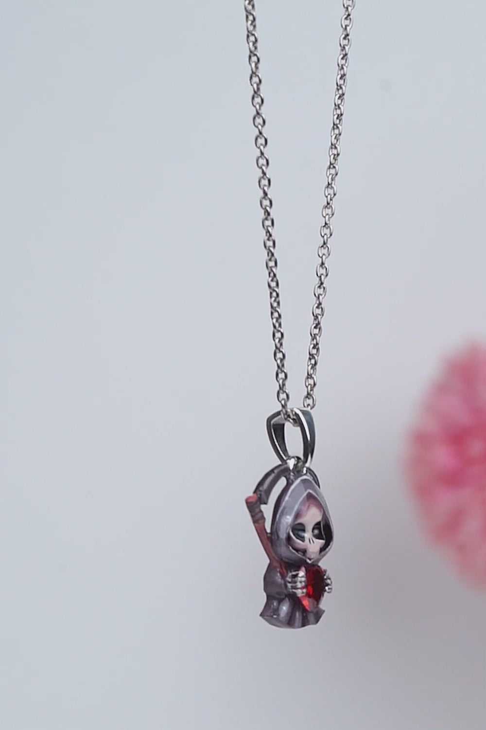 Grim Reaper Pendant Necklace 3D Enamel Skeleton Scythe Gothic Halloween Jewelry