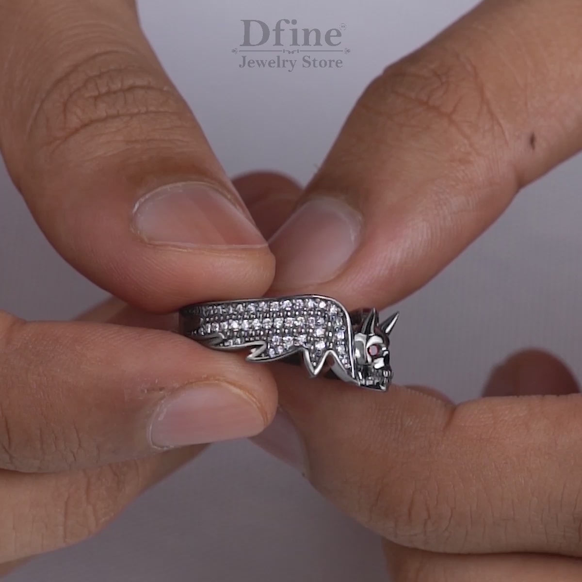 Moissanite Devil Skull Ring with Horns Red Eyes Satanic Jewelry