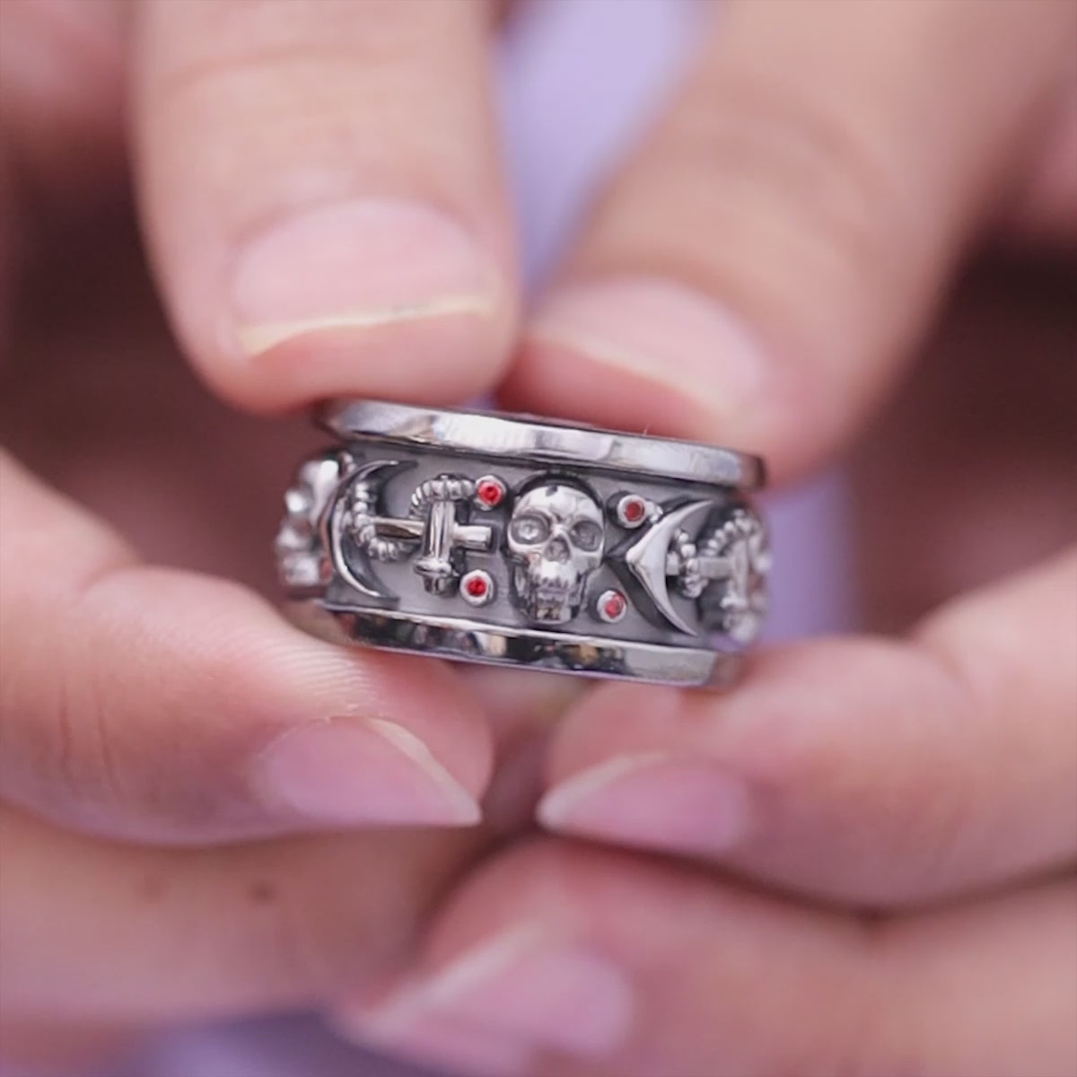 Red Garnet Skull Wedding Ring Set His and Her Promise Rings Trio Gothic