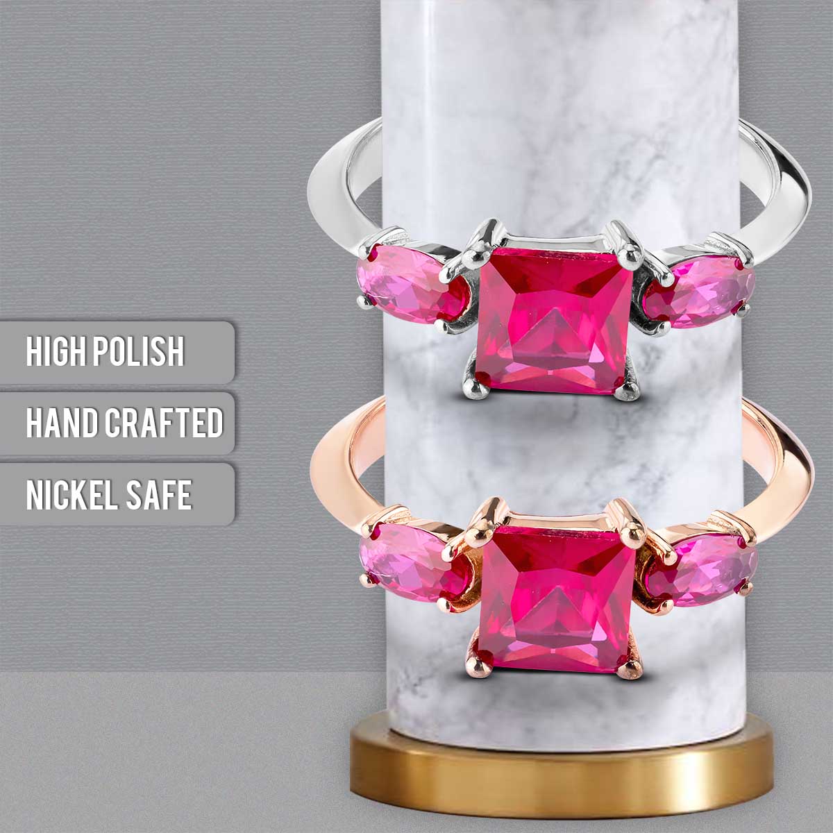 3 Stone Natural Ruby Ring Pink Gemstone Oval Princess Cut Engagement Ring Rose Gold White Gold Sterling Silver