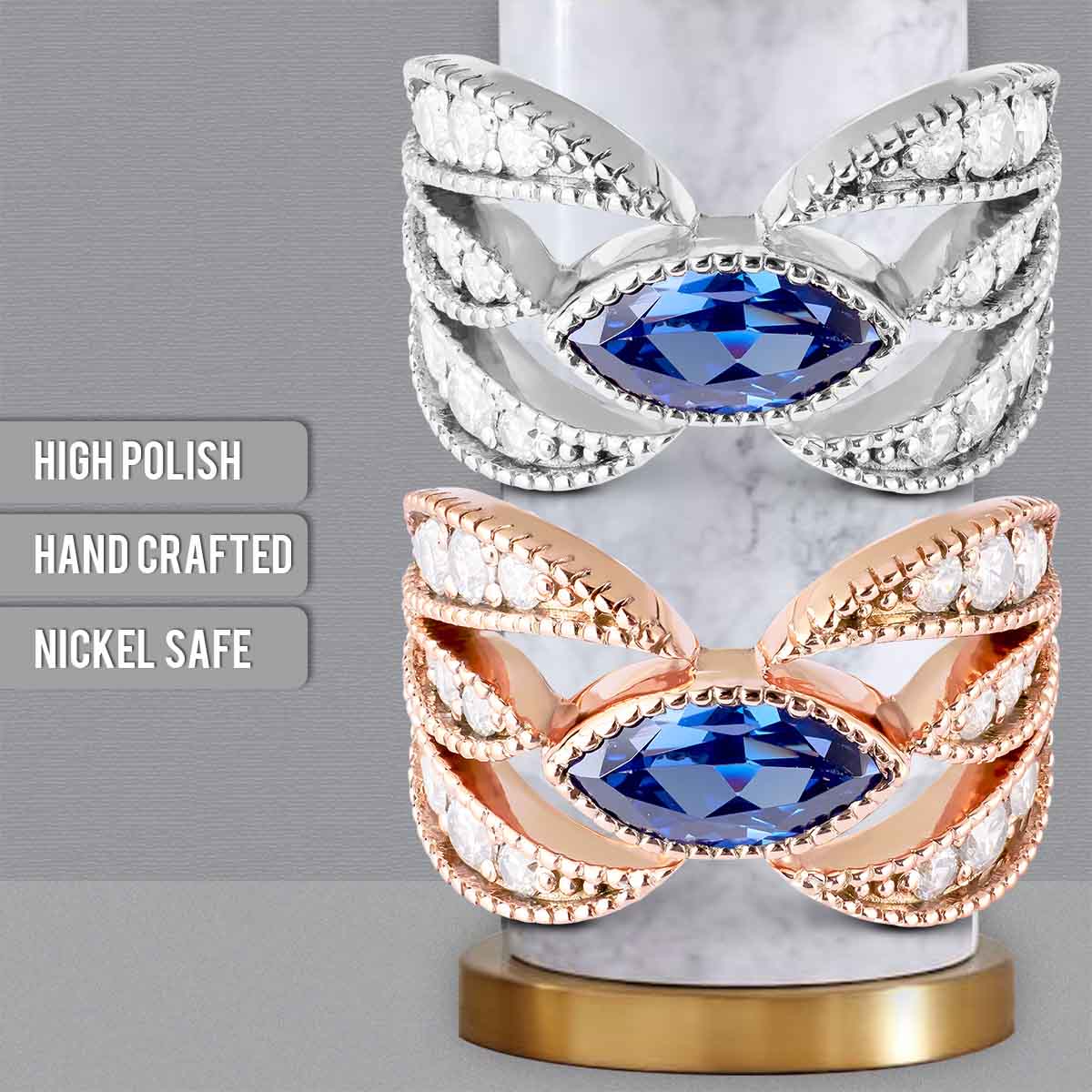 Engagement Rings Marquise Cut Blue Titanic Gemstone Rose Gold White Gold Milgrain Art Deco