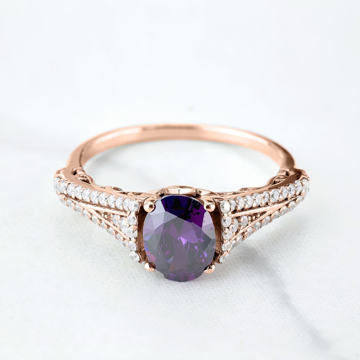 Amethyst Engagement Rings for Women Oval Cut Purple Gemstone Art Deco Wedding Rose Gold White Gold Sterling Silver