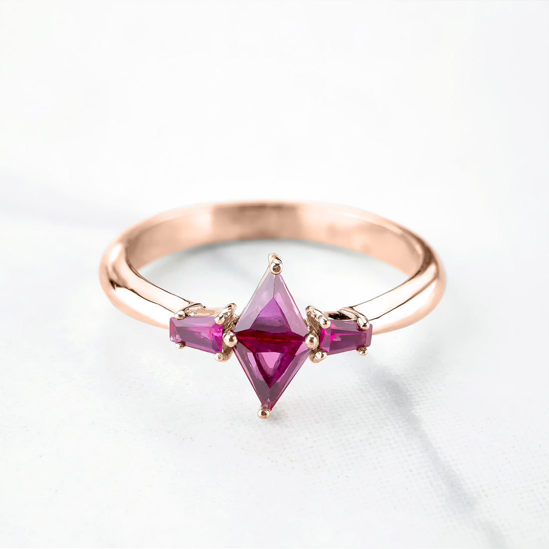 Ruby Engagement Ring Pink Gemstone Triangle Baguette Rose Gold White Gold Silver Promise Wedding Anniversary