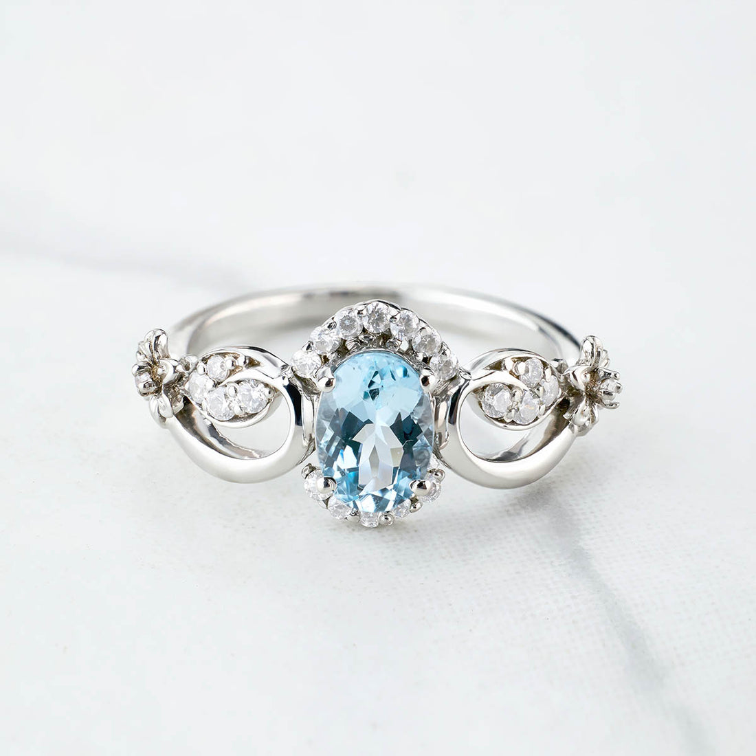 Natural Sky Blue Topaz Engagement Ring Promise Wedding Anniversary Art Deco Flower Rose Gold White Gold Silver