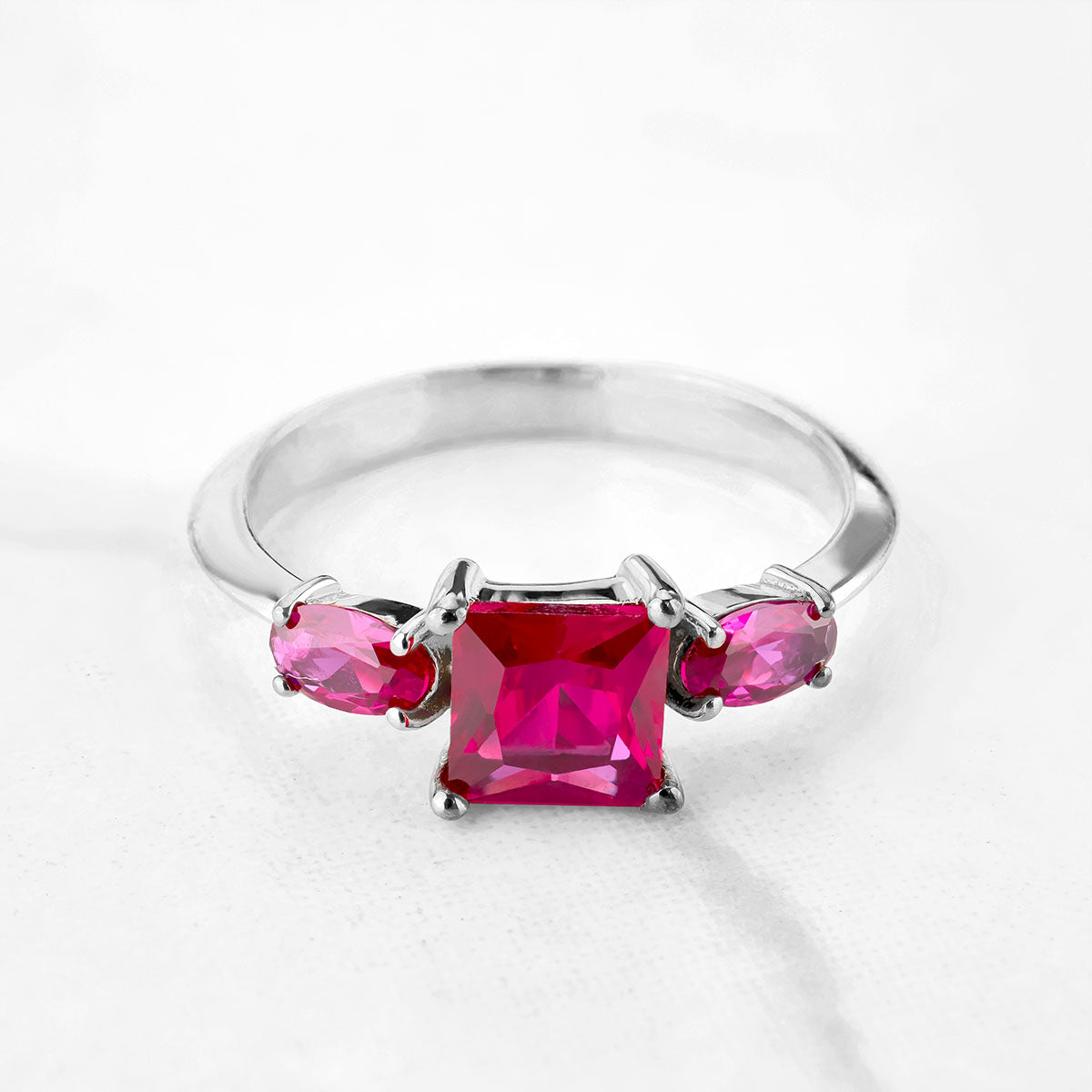 3 Stone Ruby Ring Pink Gemstone Oval Princess Cut Engagement Ring Rose Gold White Gold Sterling Silver
