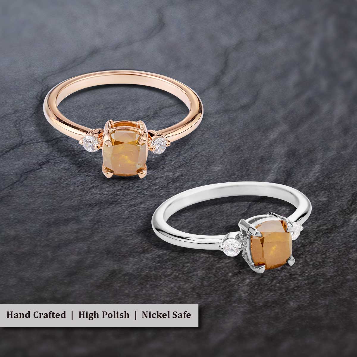 Cushion Cut Yellow Rustic Diamond 3 Stone Engagement Ring