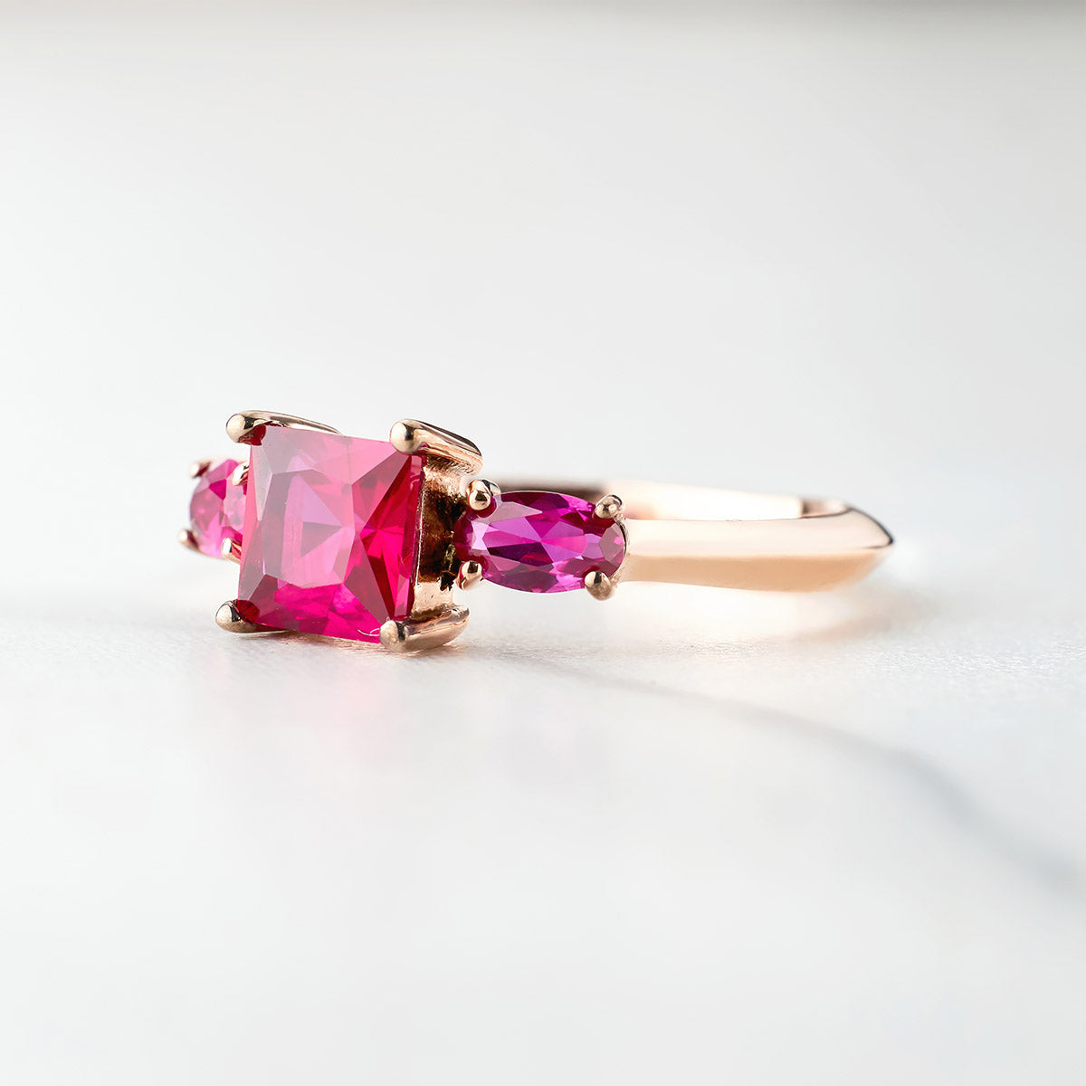3 Stone Natural Ruby Ring Pink Gemstone Oval Princess Cut Engagement Ring Rose Gold White Gold Sterling Silver