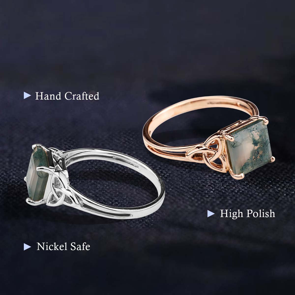 Princess Cut Solitaire Moss Agate Celtic Trinity Engagement Ring