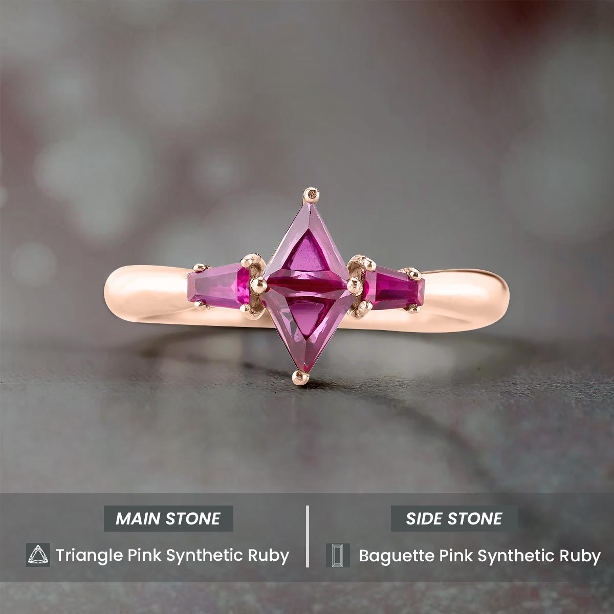 Ruby Engagement Ring Pink Gemstone Triangle Baguette Rose Gold White Gold Silver Promise Wedding Anniversary