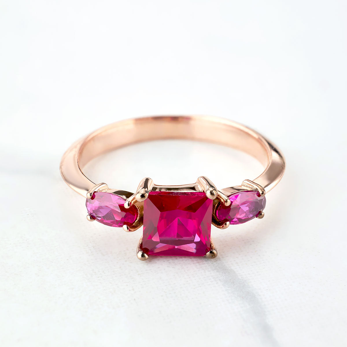 3 Stone Ruby Ring Pink Gemstone Oval Princess Cut Engagement Ring Rose Gold White Gold Sterling Silver