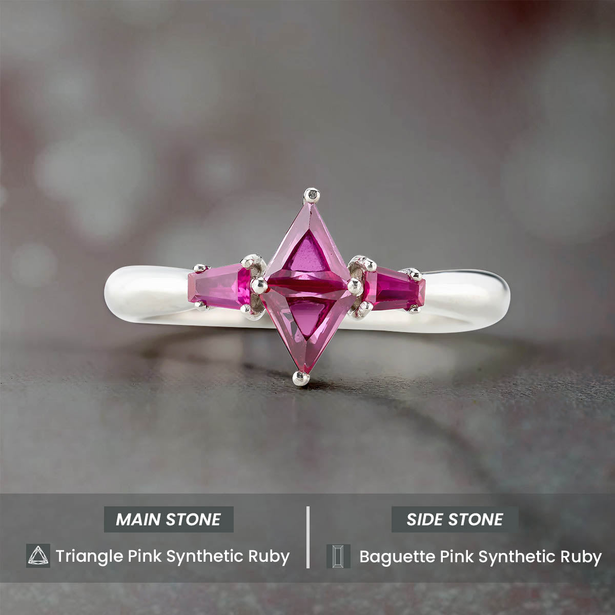 Ruby Engagement Ring Pink Gemstone Triangle Baguette Rose Gold White Gold Silver Promise Wedding Anniversary
