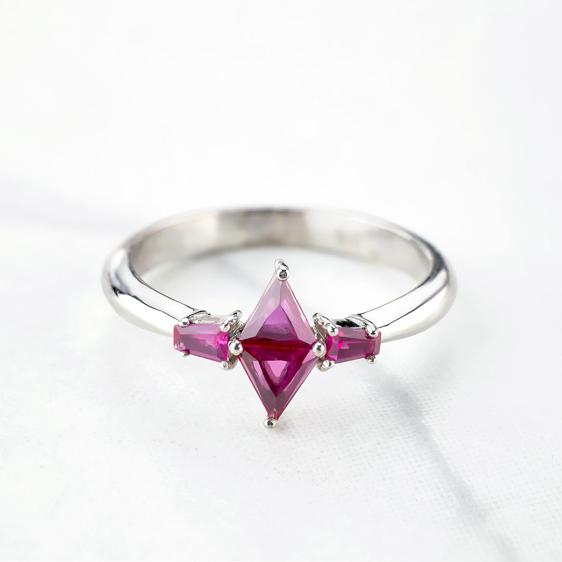 Ruby Engagement Ring Pink Gemstone Triangle Baguette Rose Gold White Gold Silver Promise Wedding Anniversary