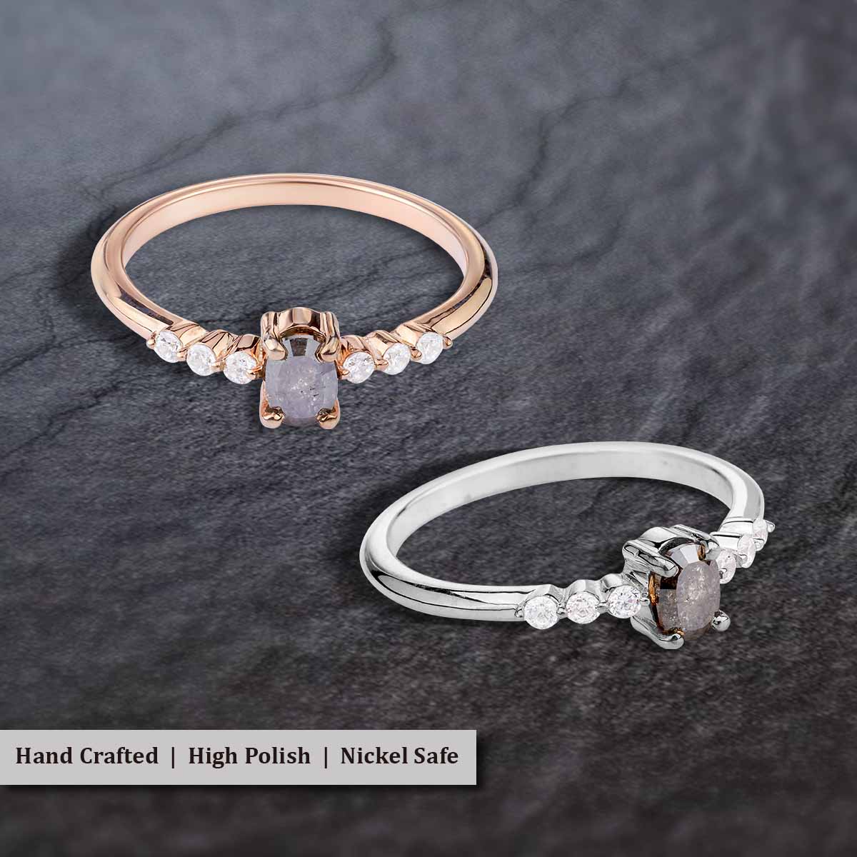 Oval Cut Natural Salt and Pepper Galaxy Diamond Promise Ring