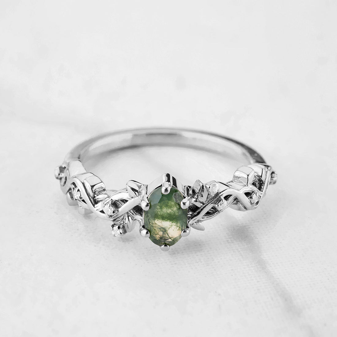 Oval Moss Agate Ring Nature Inspired Women's Engagement Ring Rose Gold White Gold Sterling Silver