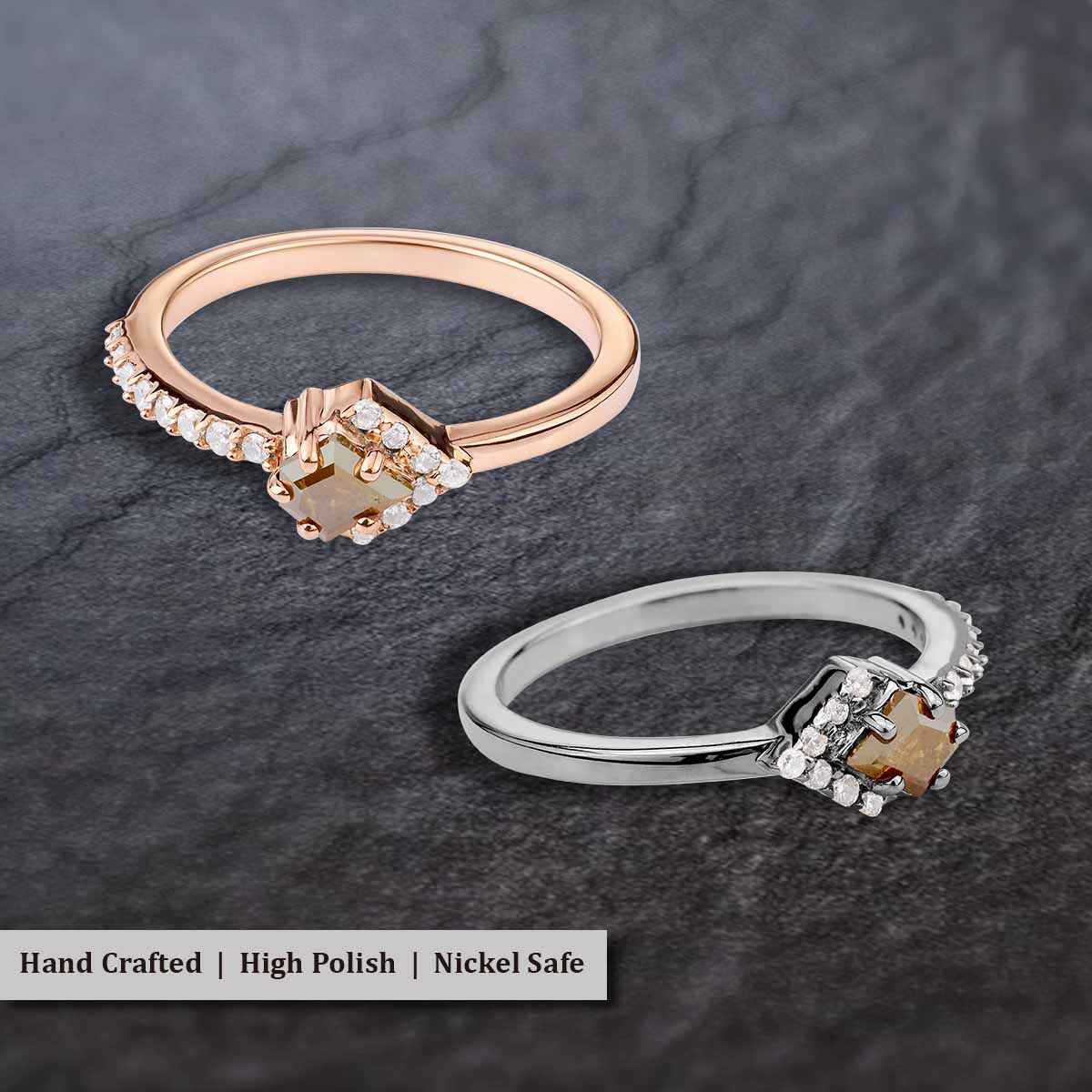 Pentagon Cut Fancy Rustic Diamond Engagement Ring Rose Gold
