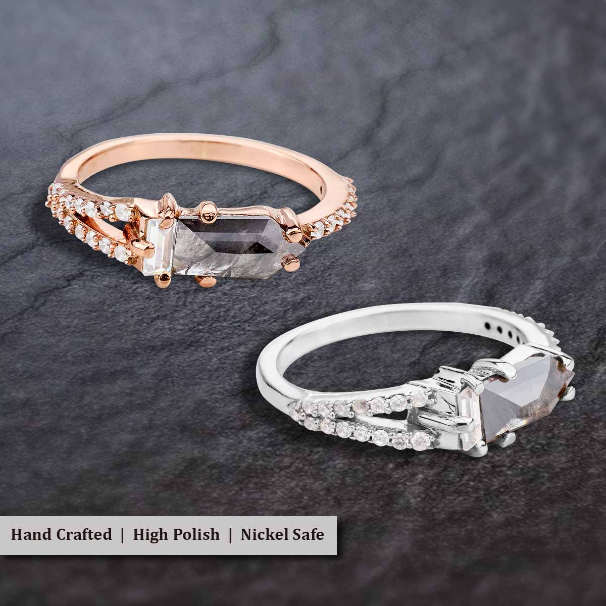 Rose Cut Bullet Natural Salt and Pepper Diamond Promise Ring