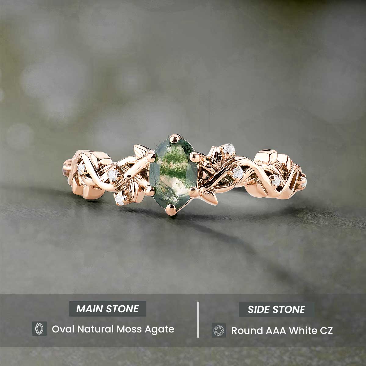 Oval Moss Agate Ring Nature Inspired Women's Engagement Ring Rose Gold White Gold Sterling Silver