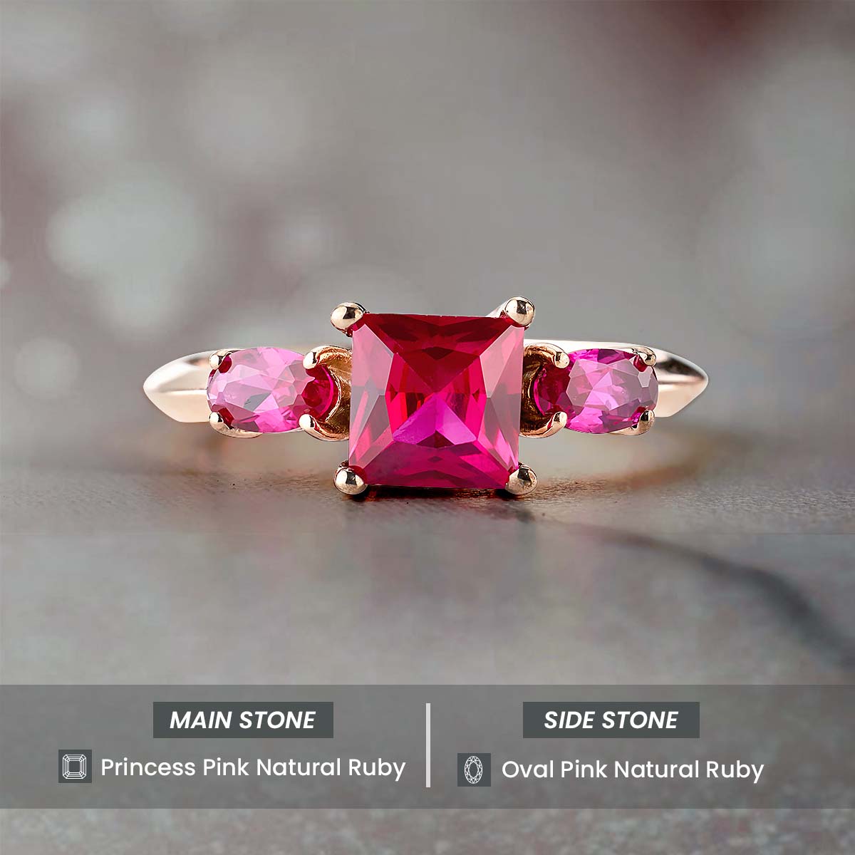 3 Stone Natural Ruby Ring Pink Gemstone Oval Princess Cut Engagement Ring Rose Gold White Gold Sterling Silver