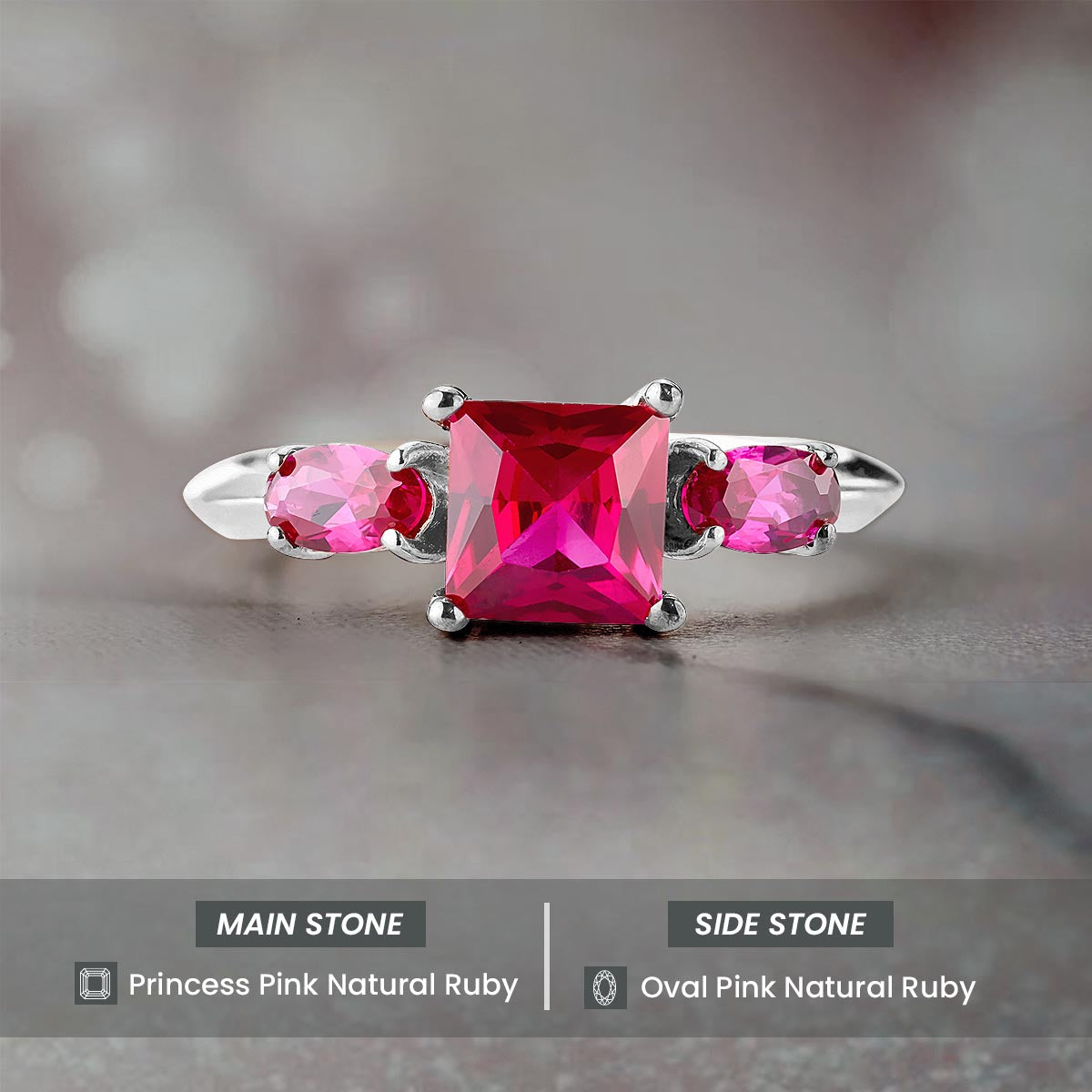 3 Stone Natural Ruby Ring Pink Gemstone Oval Princess Cut Engagement Ring Rose Gold White Gold Sterling Silver