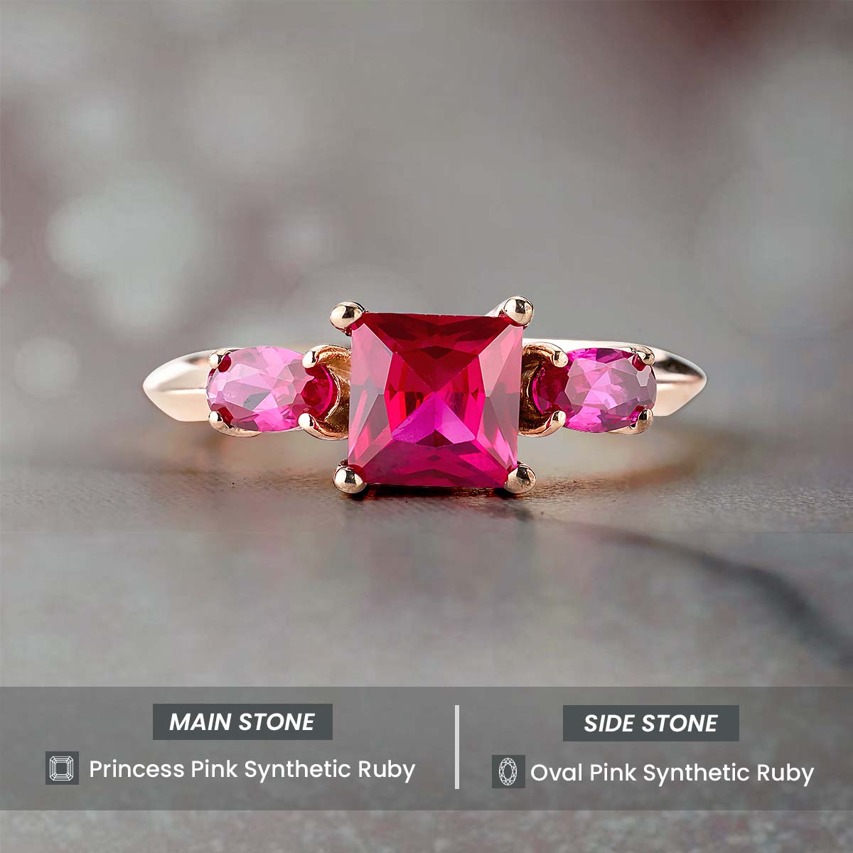 3 Stone Ruby Ring Pink Gemstone Oval Princess Cut Engagement Ring Rose Gold White Gold Sterling Silver