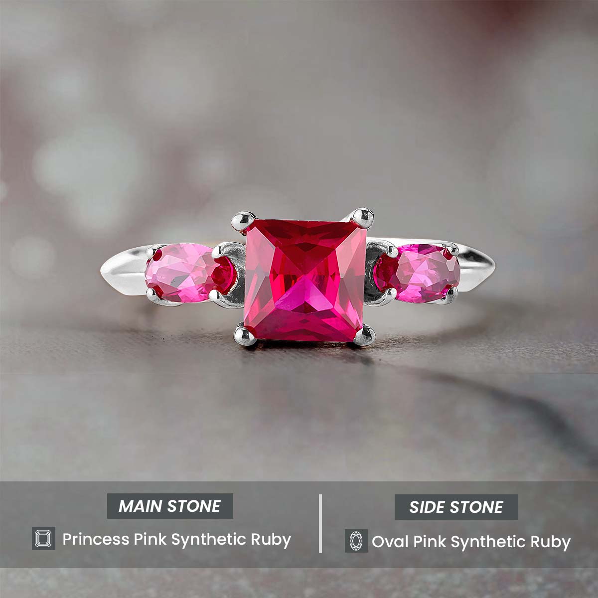 3 Stone Ruby Ring Pink Gemstone Oval Princess Cut Engagement Ring Rose Gold White Gold Sterling Silver