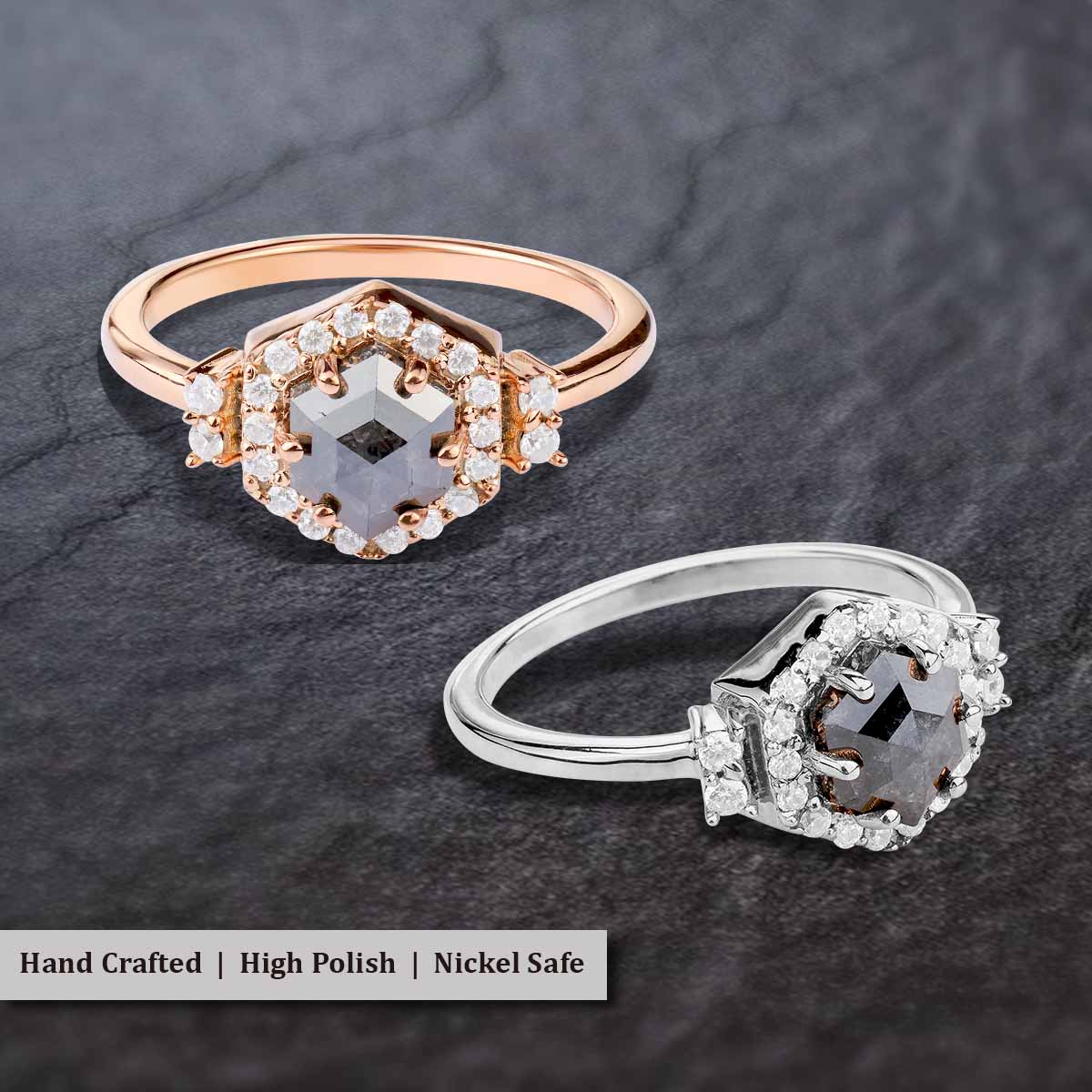 Hexagon Cut Grey Natural Rustic Salt and Pepper Diamond Ring