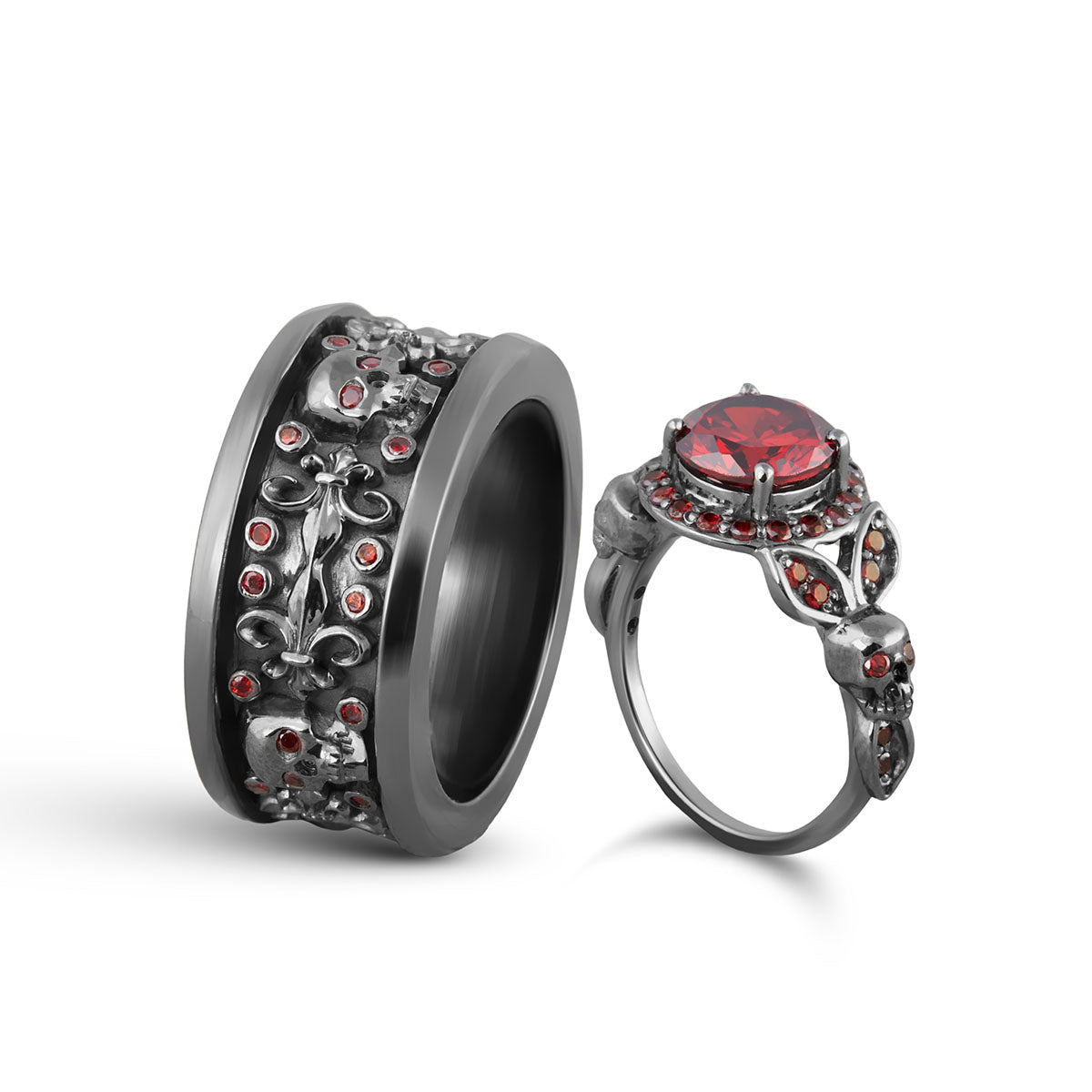 Floral Skull Engagement Ring Band Set Halo Garnet Gothic Rings