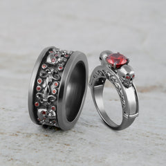 Fleur De Lis Skull Wedding Rings Gothic Couple Set Sterling Silver
