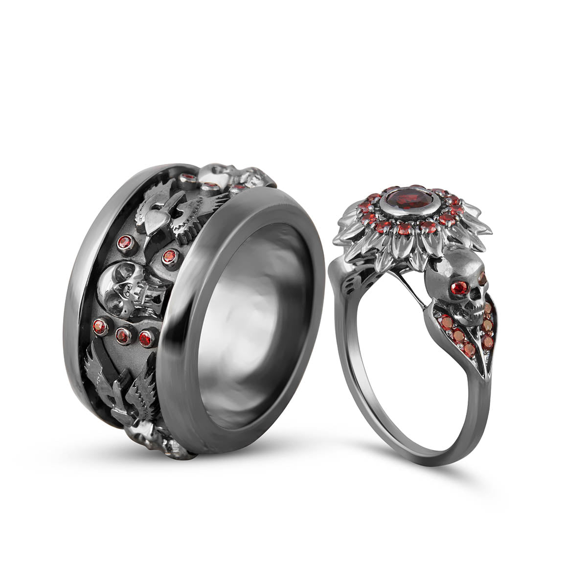 Flower Skull Wedding Ring Set Wings Gothic Band Couple His Her