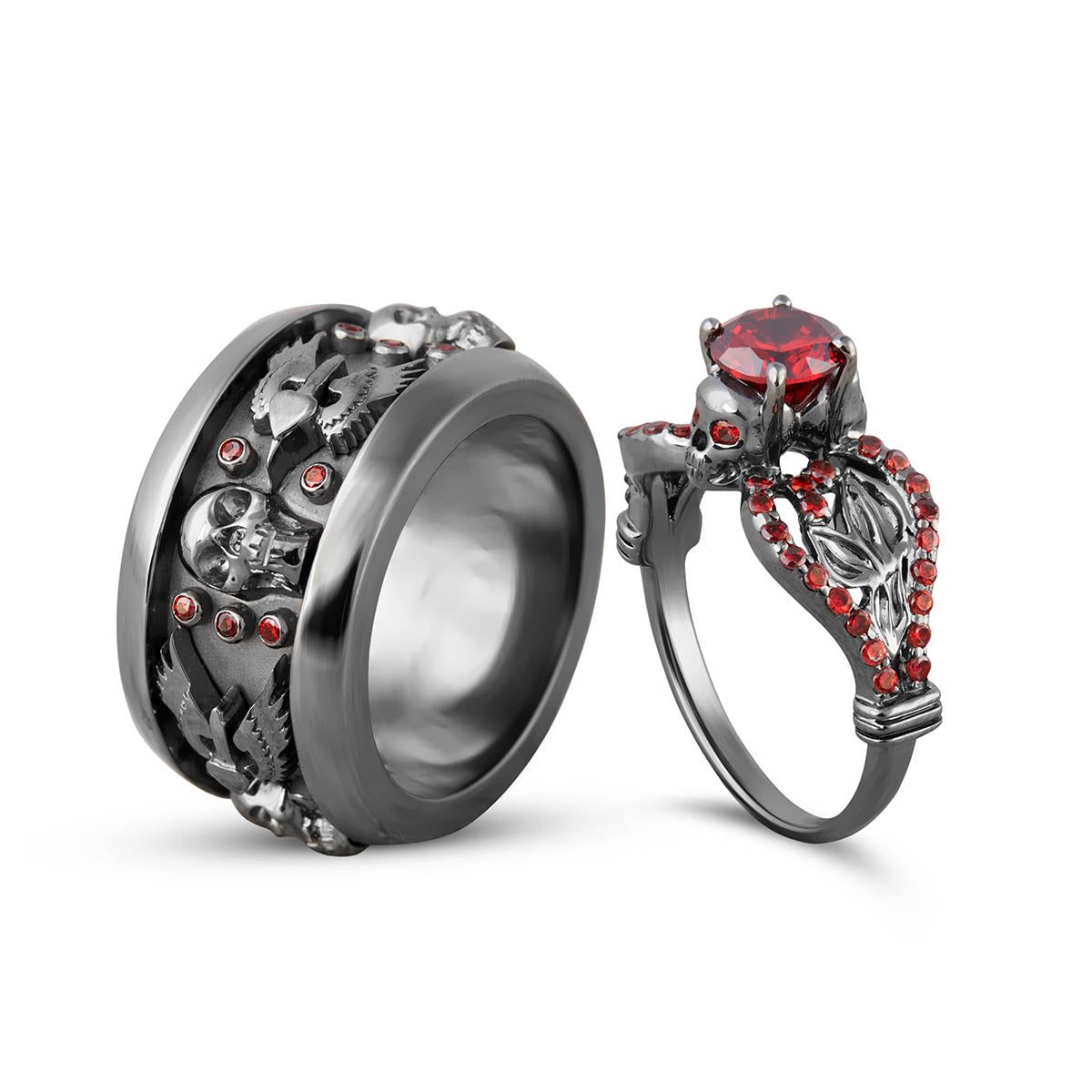 Dark Skull Engagement Ring Set Wings Floral Gothic Couple Rings