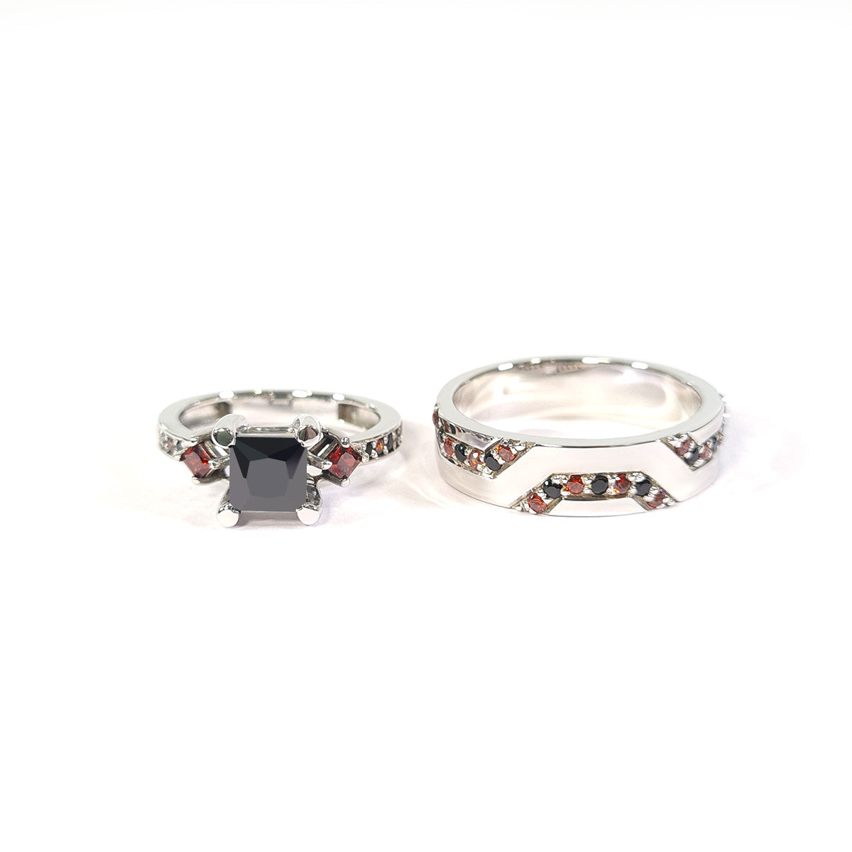 His and Her Wedding Ring Set Red and Black Stone Matching Couple Set ...