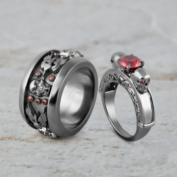 Matching Skull Engagement Rings Set His Her Couple Gothic Ring
