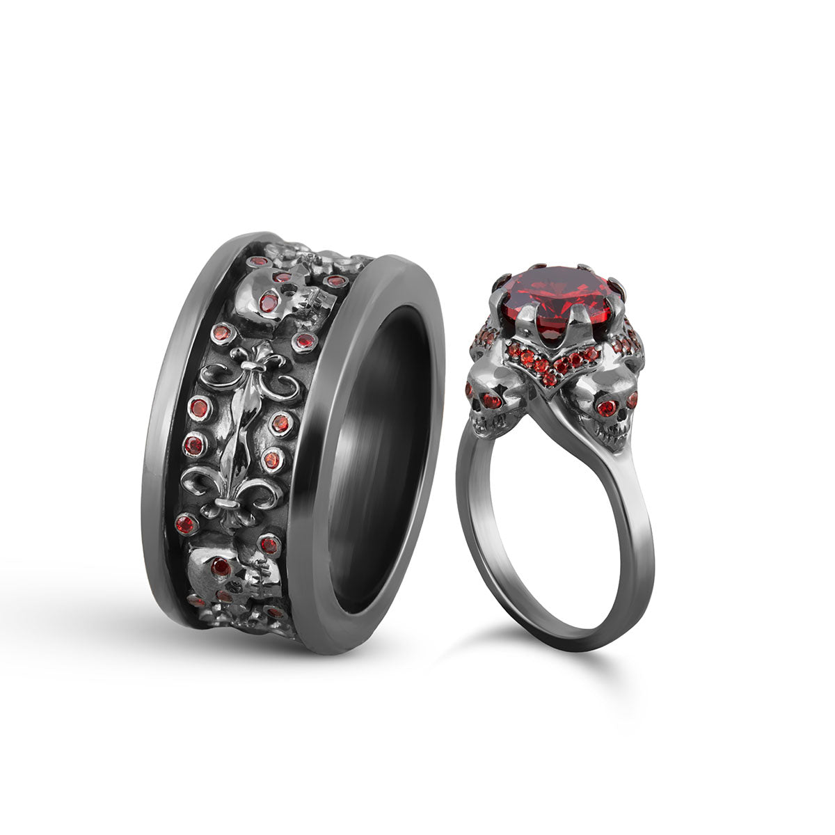 Couple Skull Ring Set Red Garnet Gothic His Her Wedding Rings