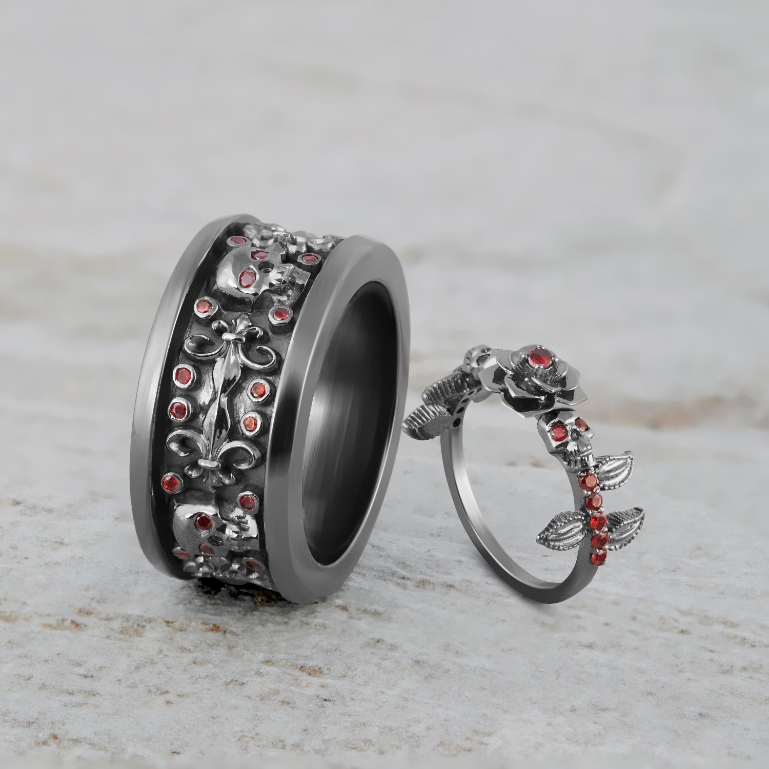 Rose Skull Ring Matching Gothic Wedding Band Couple Set Gun Metal