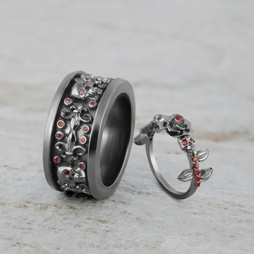 Rose Skull Ring Matching Gothic Wedding Band Couple Set Gun Metal