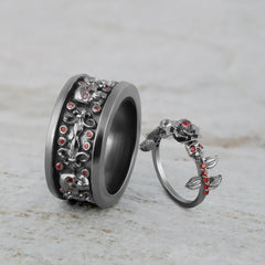 Rose Skull Ring Matching Gothic Wedding Band Couple Set Gun Metal