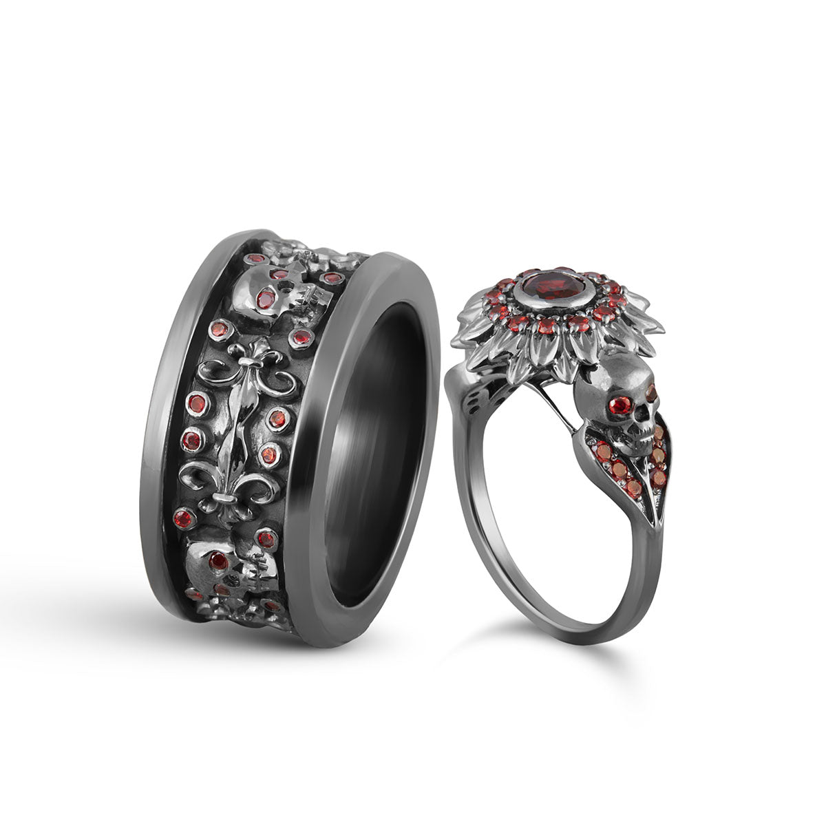 Flower Skull Engagement Ring Set Gothic Skull Ring Set 925 Silver